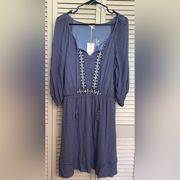 Lucky Brand Embroidered Boho Dress NWT XL Swiss Dot Blue with Tassels - Picture 1 of 11